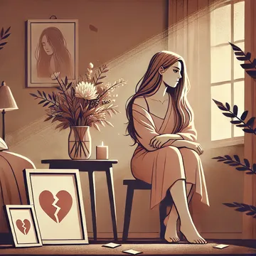 Ilustración de una mujer tras una ruptura sentimental, sentada sola en un ambiente melancólico con elementos simbólicos como un marco roto.